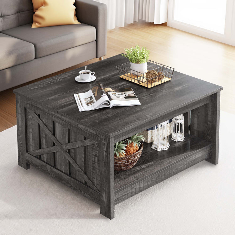 Dexturs Square Coffee Table, Farmhouse Coffee Table with Half Open Storage Compartment, Rustic Gray