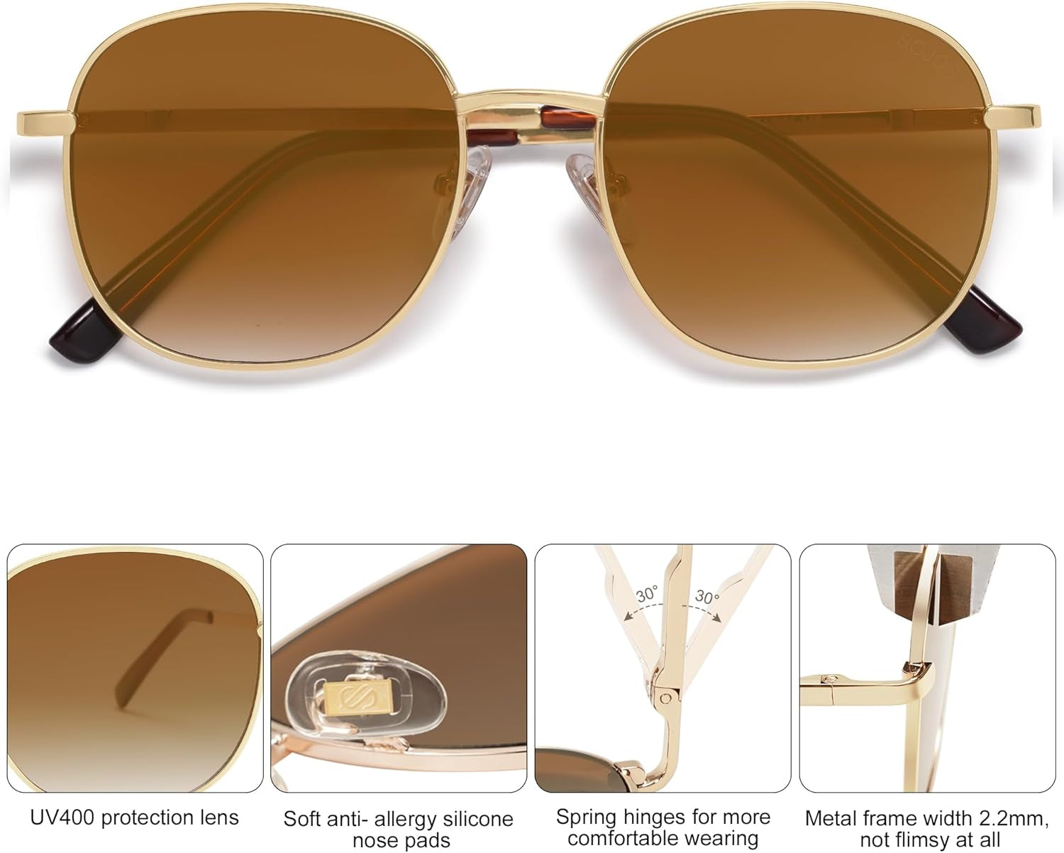 Classic Square Sunglasses for Women Men with Spring Hinge Sunnies SJ1137, Gold/Gradient Brown