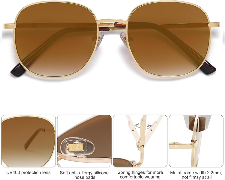 Classic Square Sunglasses for Women Men with Spring Hinge Sunnies SJ1137, Gold/Gradient Brown