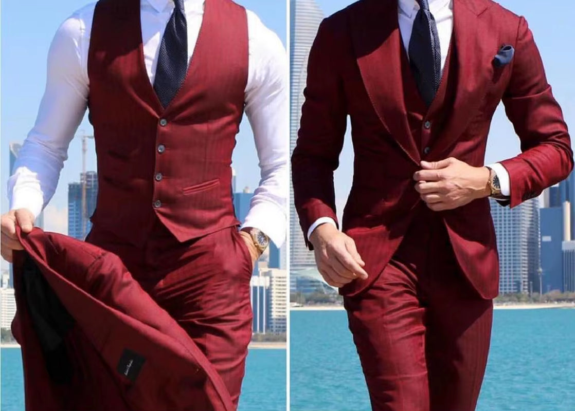 Classy Wedding Tuxedos Suits Slim Fit Bridegroom for Men 3 Pieces Groomsmen Suit Male Cheap Formal Business (Jacket+Vest+Pants）