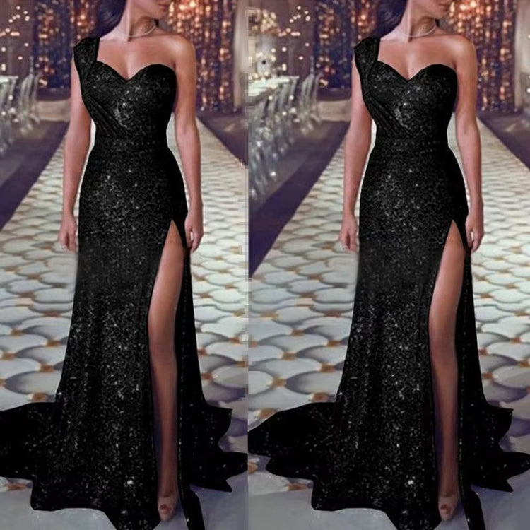 Wedding Party Dress Female Evening Elegant Sexy Deep V Neck One Shoulder Sleeveless Sequined Long Maxi Dresses for Women 2023