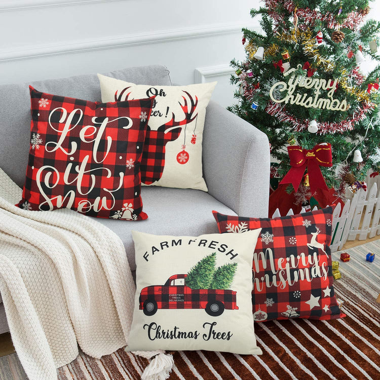 Christmas Pillow Covers 18X18 Set of 4 Christmas Pillows Decorative Throw Pillows Covers Farmhouse Red Buffalo Plaid Pillow Covers for Couch Sofa Christmas Decorations Holiday Pillow Cases