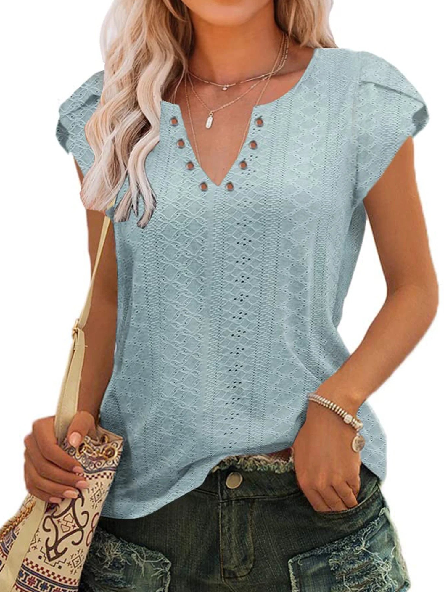 Women T-Shirts Summer Short Sleeve Tops Casual Ruffle Sleeve Tunic Tops Trendy V Neck Tops Loose Ladies Shirts Blouses Blue M