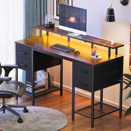 55.1" LED Gaming Desk with Drawers, Computer Desk with Outlets, Office Desk with 4 Drawers, Corner Desk, Writing Desk in Brown