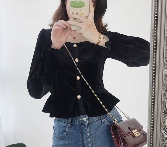 2020 Short Crop Tops Women Flare Sleeve Korea Japanese Style Design Ruffled Cute Button Vintage Peplum Black Shirts Blouse 12029