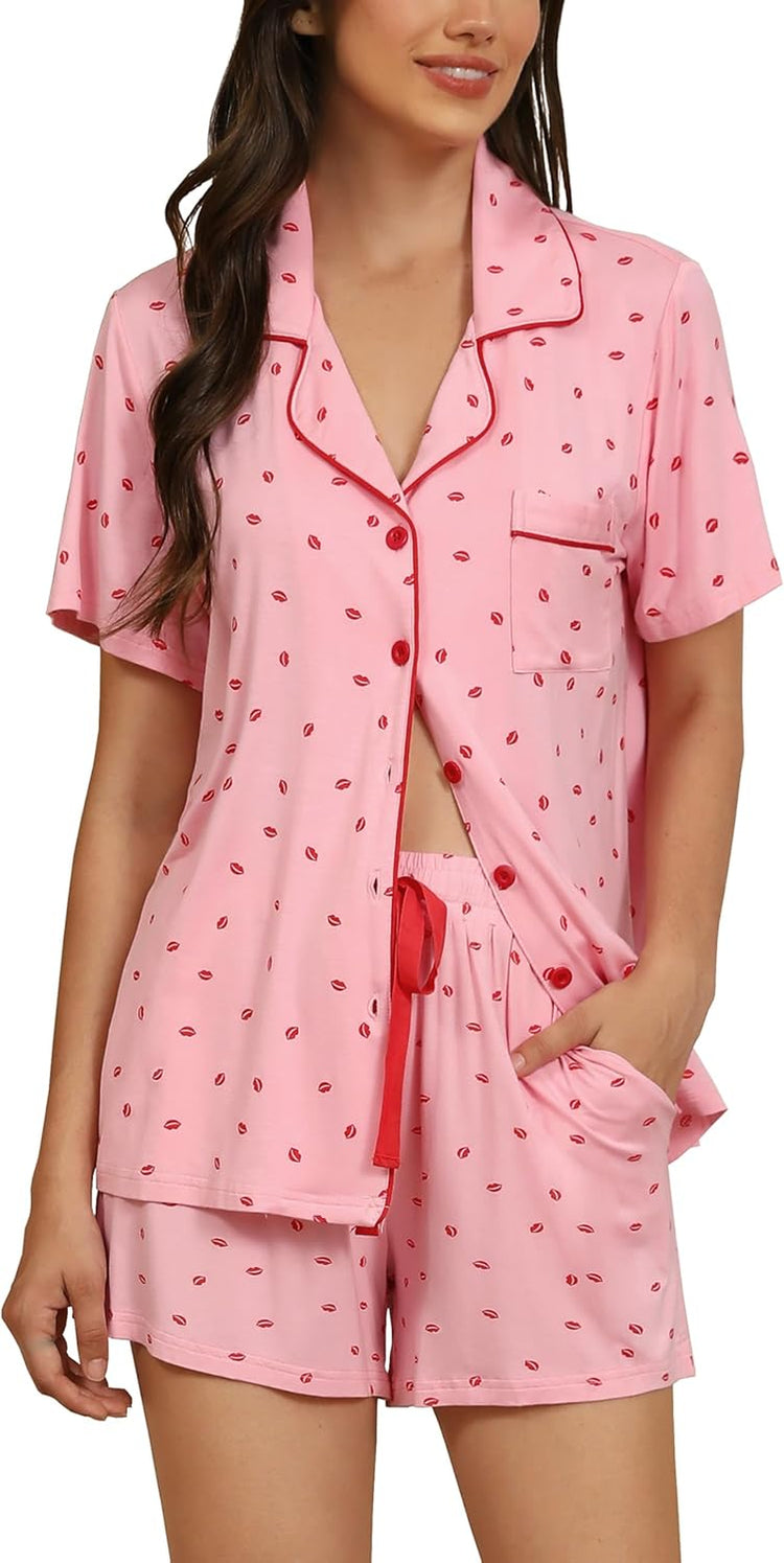 Womens Pajamas Set Short Sleeve Sleepwear Button down Nightwear Shorts Soft Pj Sets S-XXL