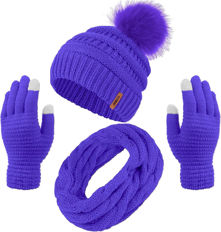 Womens Winter Warm Sets Knitted Fur Pompoms Beanie Hat Circle Loop Scarf Touch Screen Gloves Winter Favor Accessories