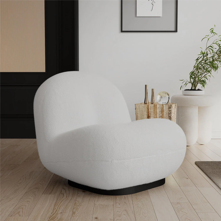 Harley Swivel Accent Chair with Boucle Fabric and Black Base, White.