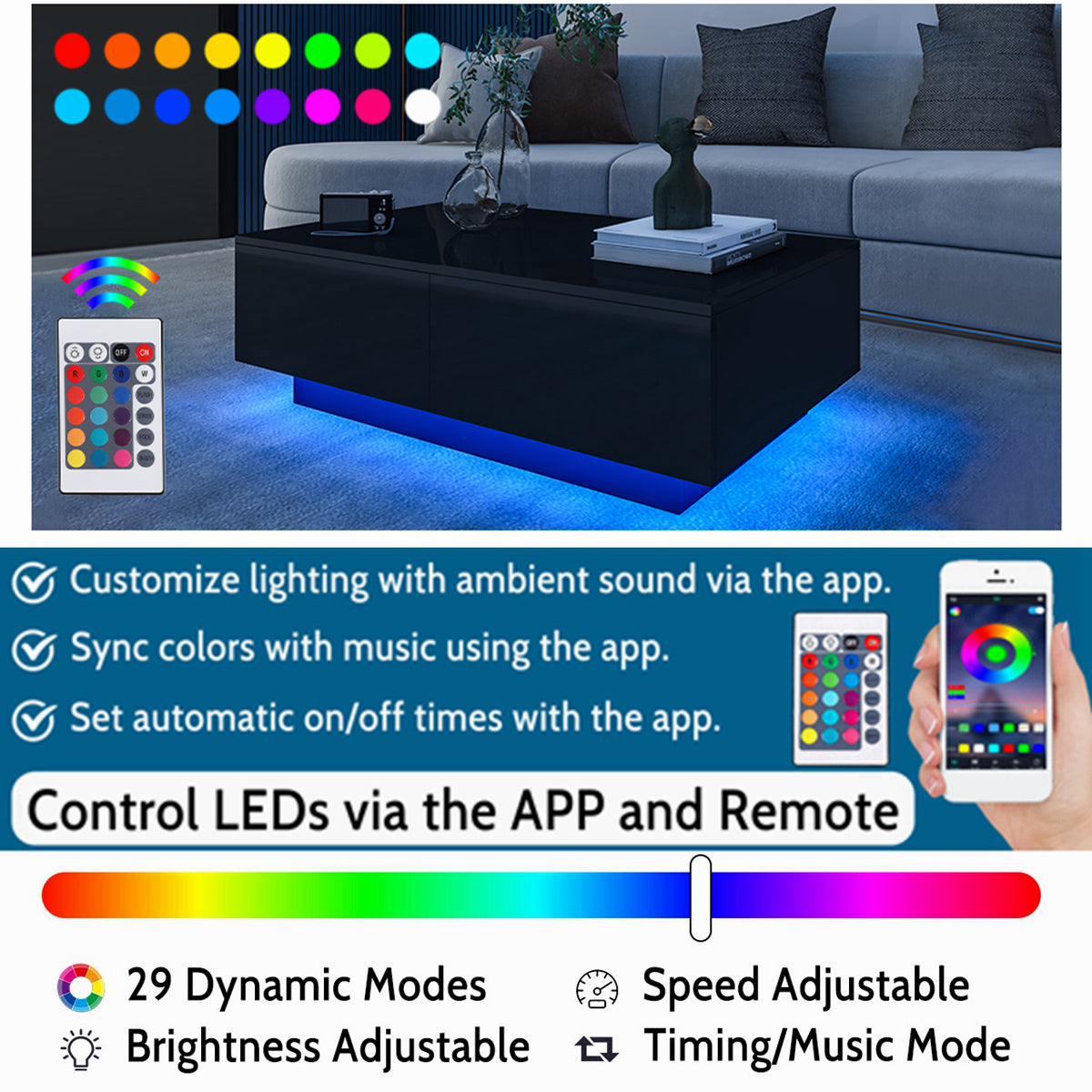 LED Coffee Table with 4 Drawers Center Cocktail Side Table Black High Gloss Finish.