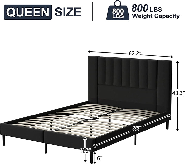 Queen Bed Frame Upholstered Bed Frame with Vertical Channel Tufted Complete High Headboard, Black.