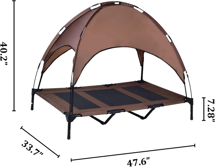 Elevated Pet Cot with Canopy, Portable Raised Pet Cot for Camping or Beach, Removable Canopy, Durable 1680D Oxford Fabric Raised Mesh Cot, Breathable Cooling Outdoor Dog Bed (Large, Brown)