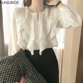 2021 Female Fashion Korea Chic Tops Blusas Women Long Sleeve Elegant Basic Wear Office Lady Work Bow Tie Shirt Blouses