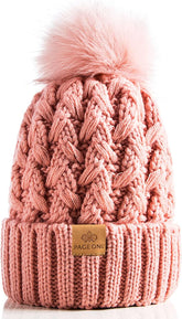 Womens Winter Ribbed Beanie Crossed Cap Chunky Cable Knit Pompom Soft Warm Hat