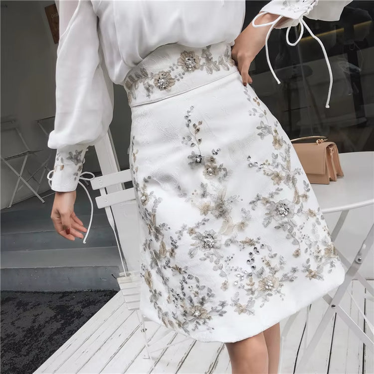 Runway Designer Spring Skirt Suits Chiffon Stand Collar White Bow Shirt Women Suits + Vintage Embroidery Diamonds a Line Suits