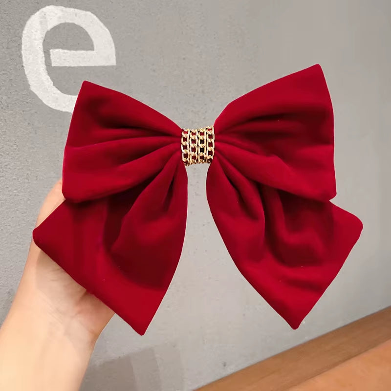 Winter Red Velvet Chain Big Bow Barrette for Woman Girls Back Head Headdress Korean Top Clip Hairpin Bridal Hair Accessories