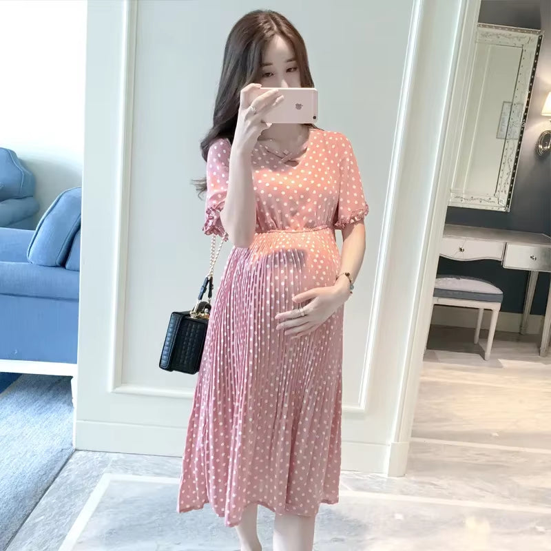 2024 Summer Maternity Dress Stand Collar Cheongsam Cute Puff Sleeve Print Pregnancy Dresses Fashion Clothes for Pregnant Women