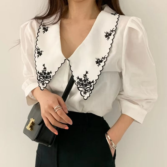 Elegant White Floral Embroidery Women Shirts Vintage Blusas Mujer De Moda 2023 Korean Chic Puff Sleeve Blouse Clothes Tops 14223