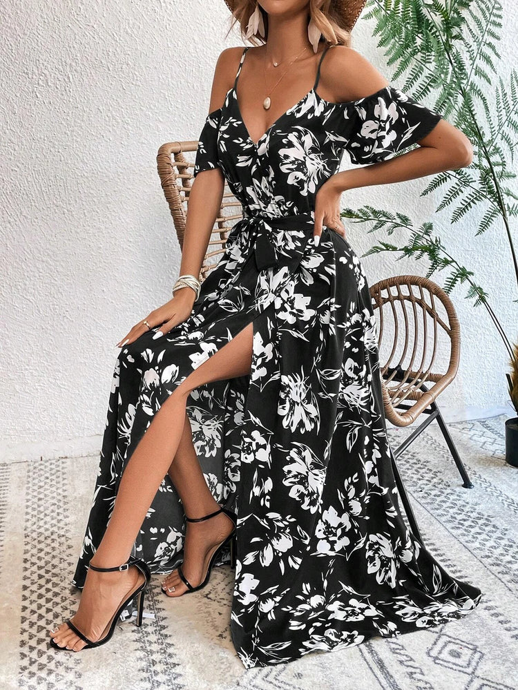 VCAY Summer Woman Floral Print Cold Shoulder Wrap Hem Belted Dress