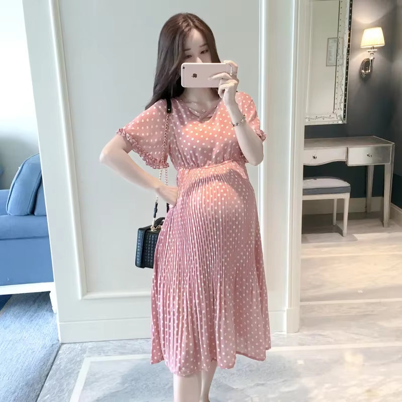 2024 Summer Maternity Dress Stand Collar Cheongsam Cute Puff Sleeve Print Pregnancy Dresses Fashion Clothes for Pregnant Women