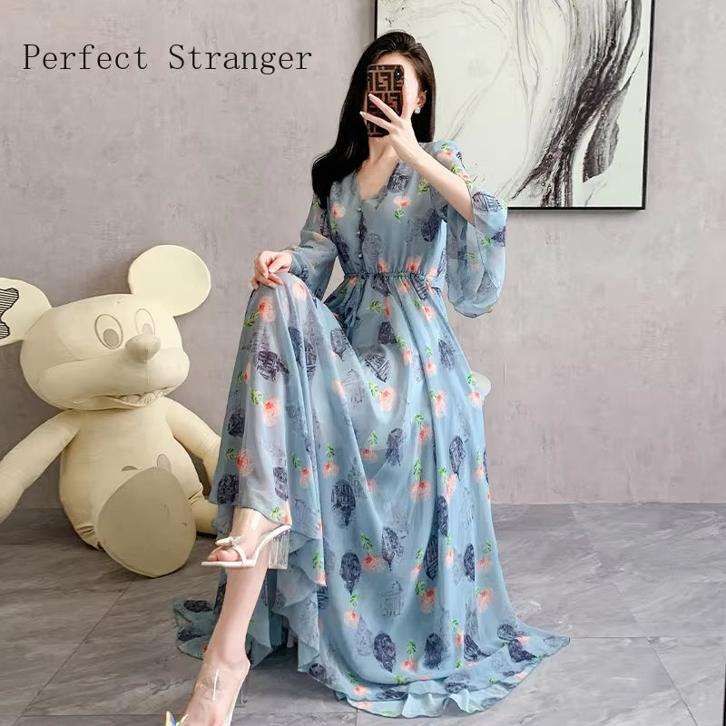 2024 New Arrives Long Sleeve Floral Print Dress Boho Dresses Large Size Women Beach Party Garden Maxi Dress Vestidos Hot Selling