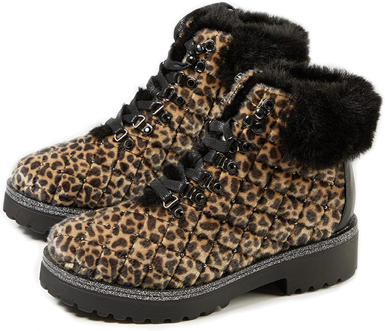 Winter Boots for Women Suede Warm Lined Fur Winter Ankle Snow Boots Lace up Cold Weather Outdoor Mid Calf Booties Platform Shoes,Flash Leopard,10