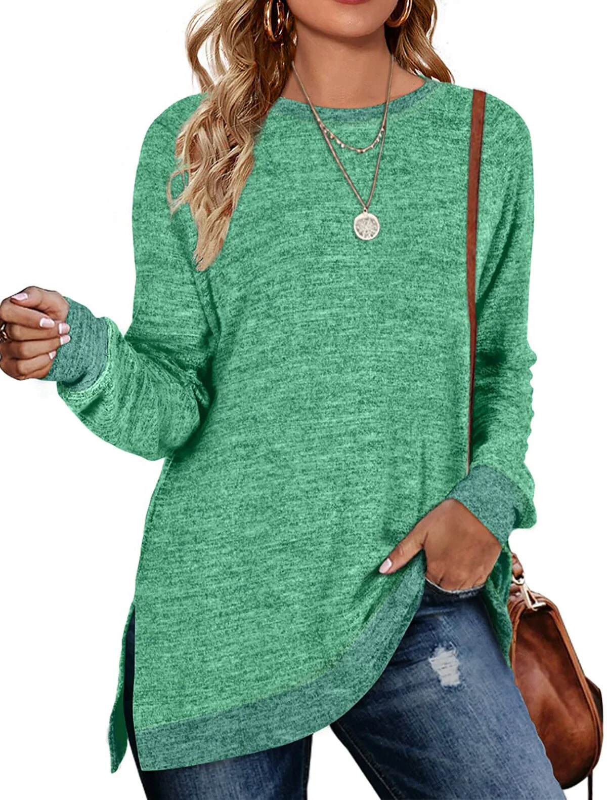 Sweatshirt for Women Long Sleeve Shirts Tunic Tops Color Block Crewneck Sweatshirts Side Split