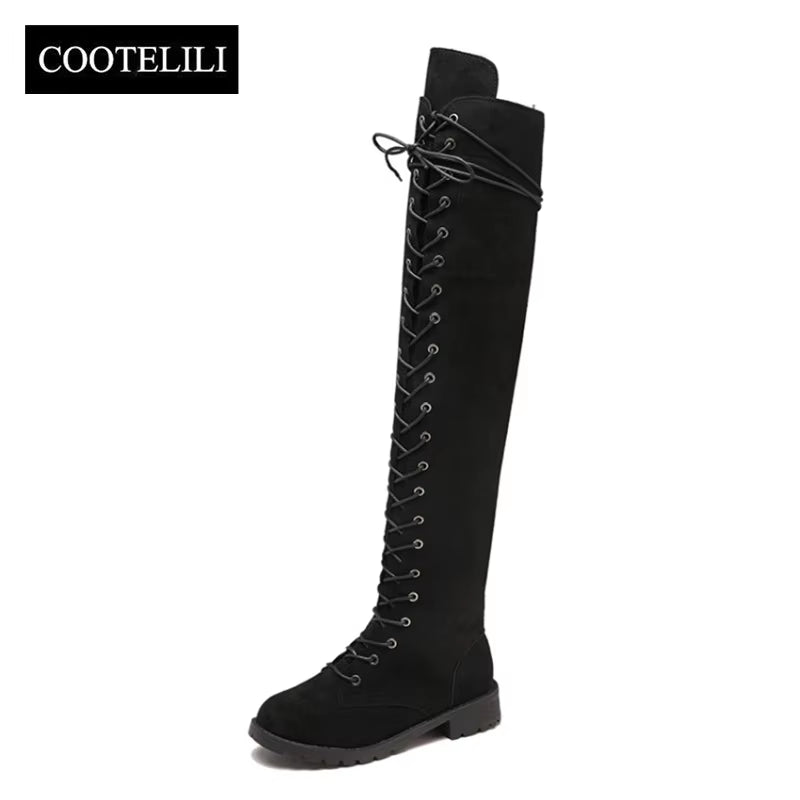 Thigh High Boots Lace-Up Women Shoes over the Knee Boots Flat Long Boots Ladies Rubber Boots Women Shoes 35-43