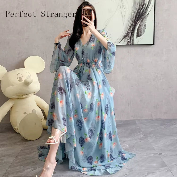 2024 New Arrives Long Sleeve Floral Print Dress Boho Dresses Large Size Women Beach Party Garden Maxi Dress Vestidos Hot Selling