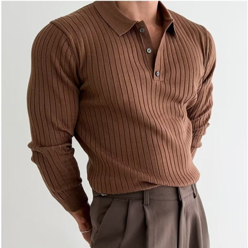 Lapel Button Long Sleeve Polo Shirt Slim Fashion Solid Striped Knitted Bottoming Shirt Top Men&