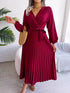 Women Spring Summer Cross Solid Color V Neck Large Hem Pleated Long Dress for Fashion