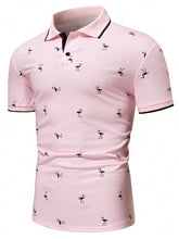 Manfinity Homme Men Tropical Print Contrast Trim Polo Shirt , Button up Collar Light Pink Polo Shirt , Work Business Casual Boyfriend Gift