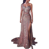 Wedding Party Dress Female Evening Elegant Sexy Deep V Neck One Shoulder Sleeveless Sequined Long Maxi Dresses for Women 2023