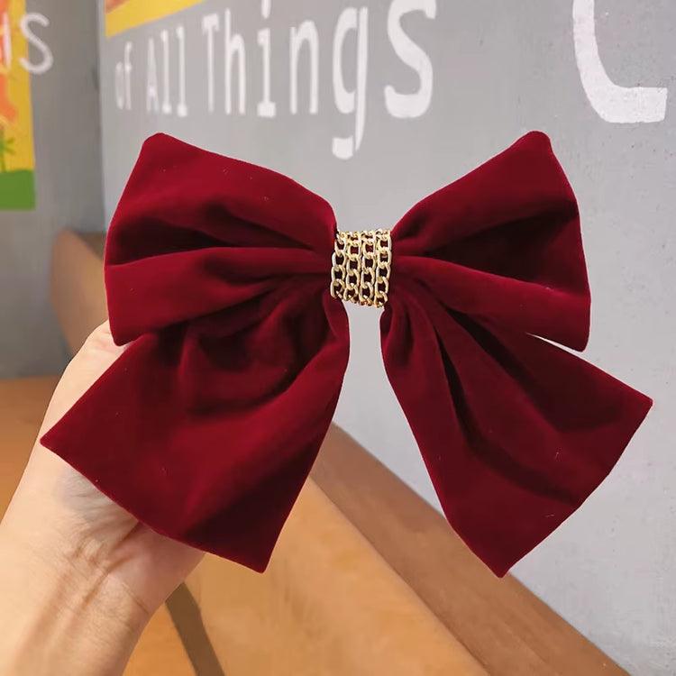 Winter Red Velvet Chain Big Bow Barrette for Woman Girls Back Head Headdress Korean Top Clip Hairpin Bridal Hair Accessories