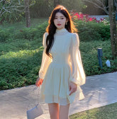 Women French White Chiffon Dresses Summer Elegant Sleeve Slim Puff Sleeve Bodycon Gentle Fairy Short Dress