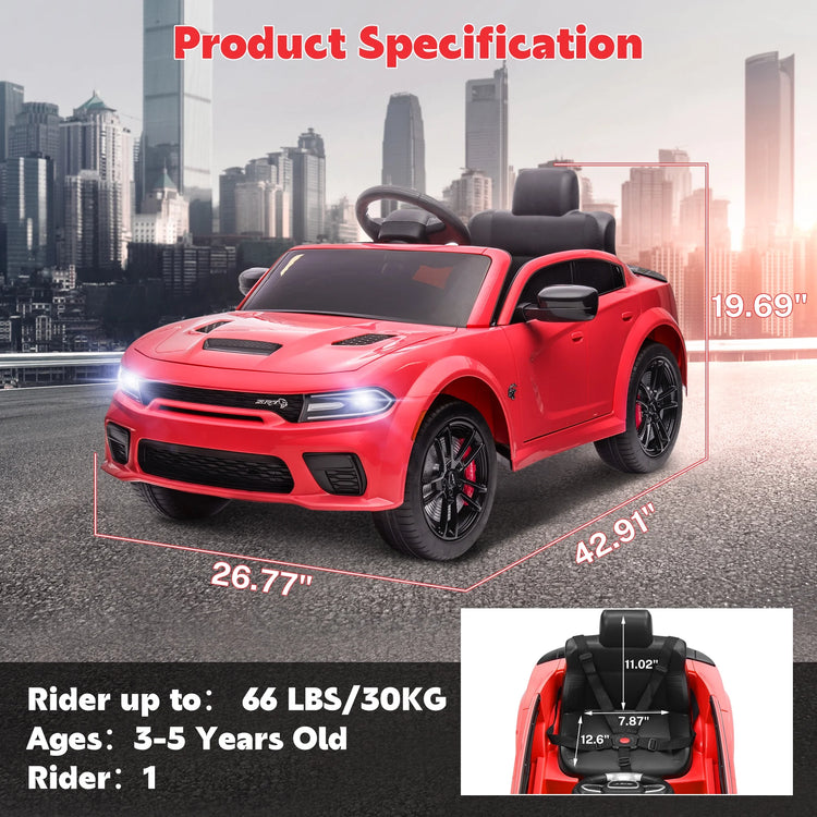 Dodge Electric Ride on Cars for Kids, 12V Licensed Dodge Charger SRT Powered Ride on Toys Cars with Parent Remote Control, Electric Car for Girls 3-5 W/Music Player/Led Headlights/Safety Belt, Red