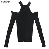 Y2K 2024 Spring Autumn Sexy Hollow Off-Shoulder Knitted Tops Solid Ladies Korean Clothes Sweater Pullovers Jumper