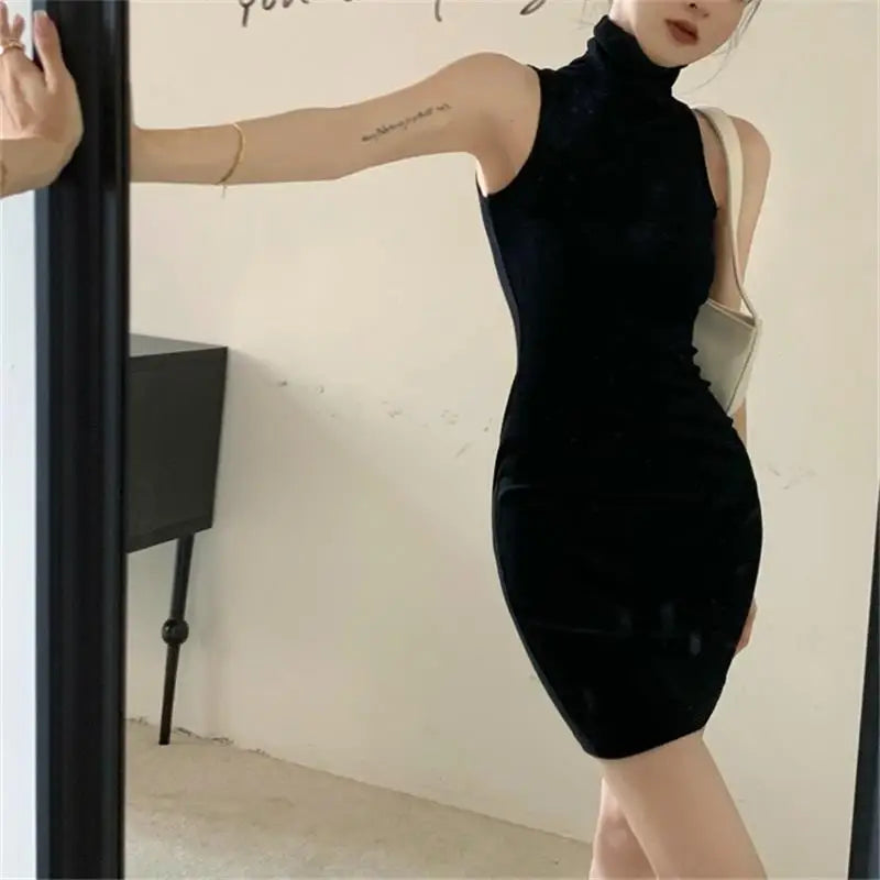 Summer Sexy High Neck Tight Dress Oversleeve Pleated Bottom Wrapped Hip Dress Women Bodycon