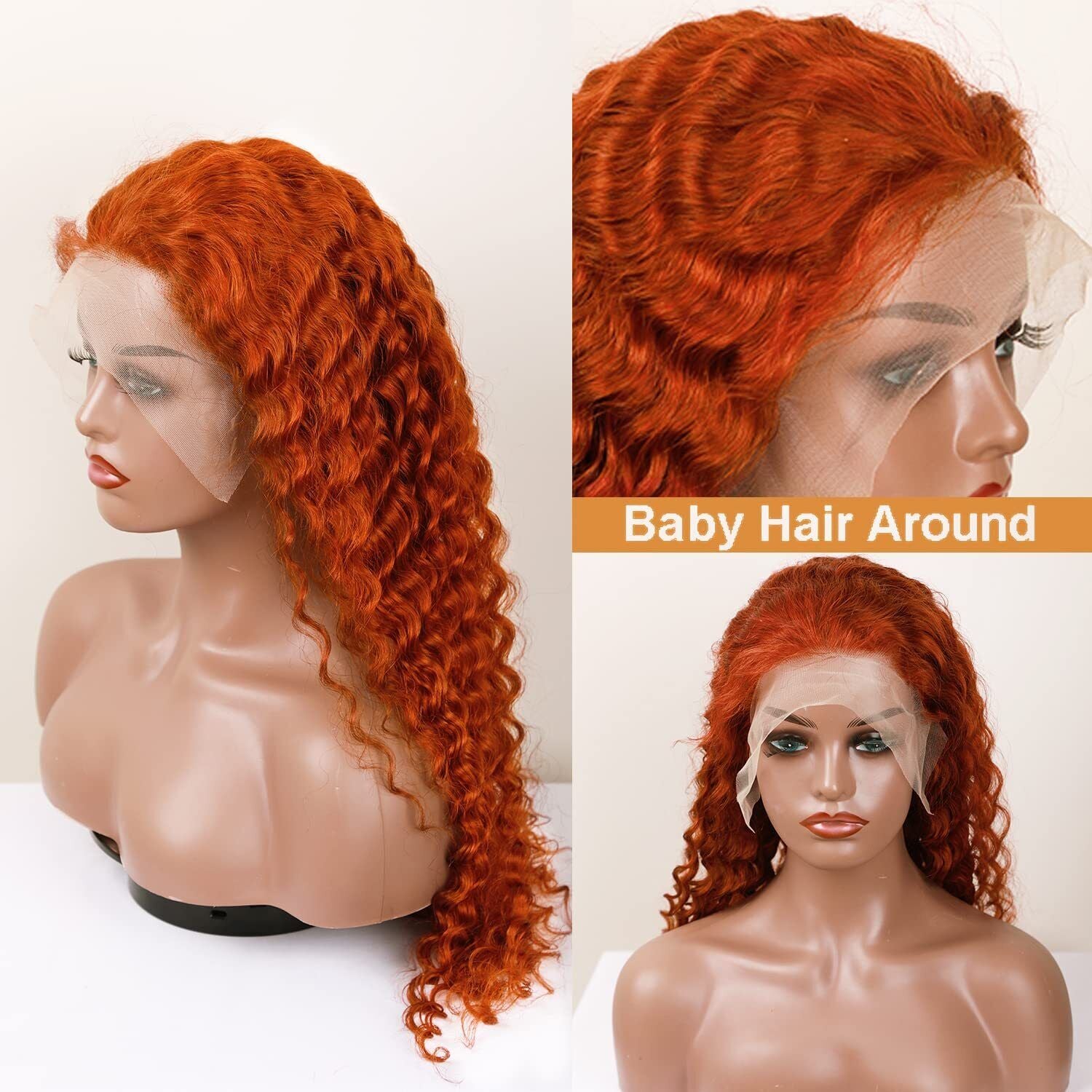 Ginger Orange Deep Wave Wigs Human Hair Colored 13X4 HD Curly Lace Frontal Wig.