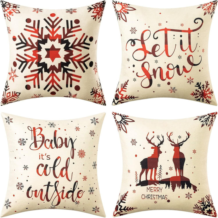 4 Pack Christmas Pillow Covers 18X18 Inch Linen Holiday Decorative Throw Pillow Covers for Sofa, Couch, Outdoor, Farmhouse and Home Christmas Decor