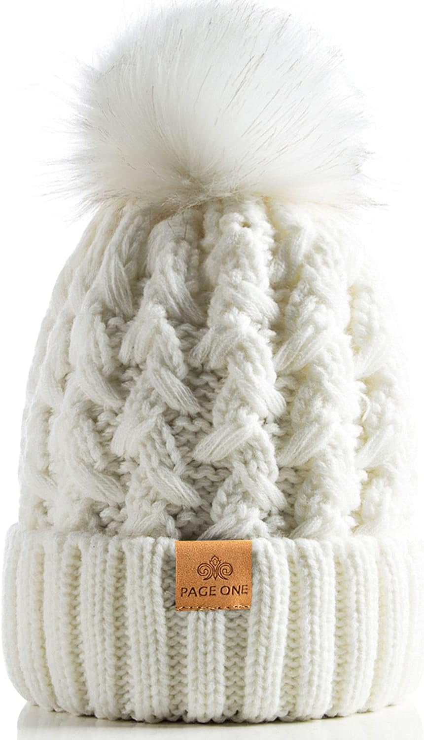 Womens Winter Ribbed Beanie Crossed Cap Chunky Cable Knit Pompom Soft Warm Hat