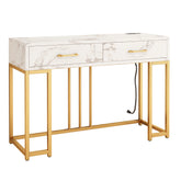 Console Table Modern Entryway with Storage Drawers Outlets USB, Narrow Faux Marble Sofa Coffee Desk, Home Furniture Decor Indoor,Gold & White