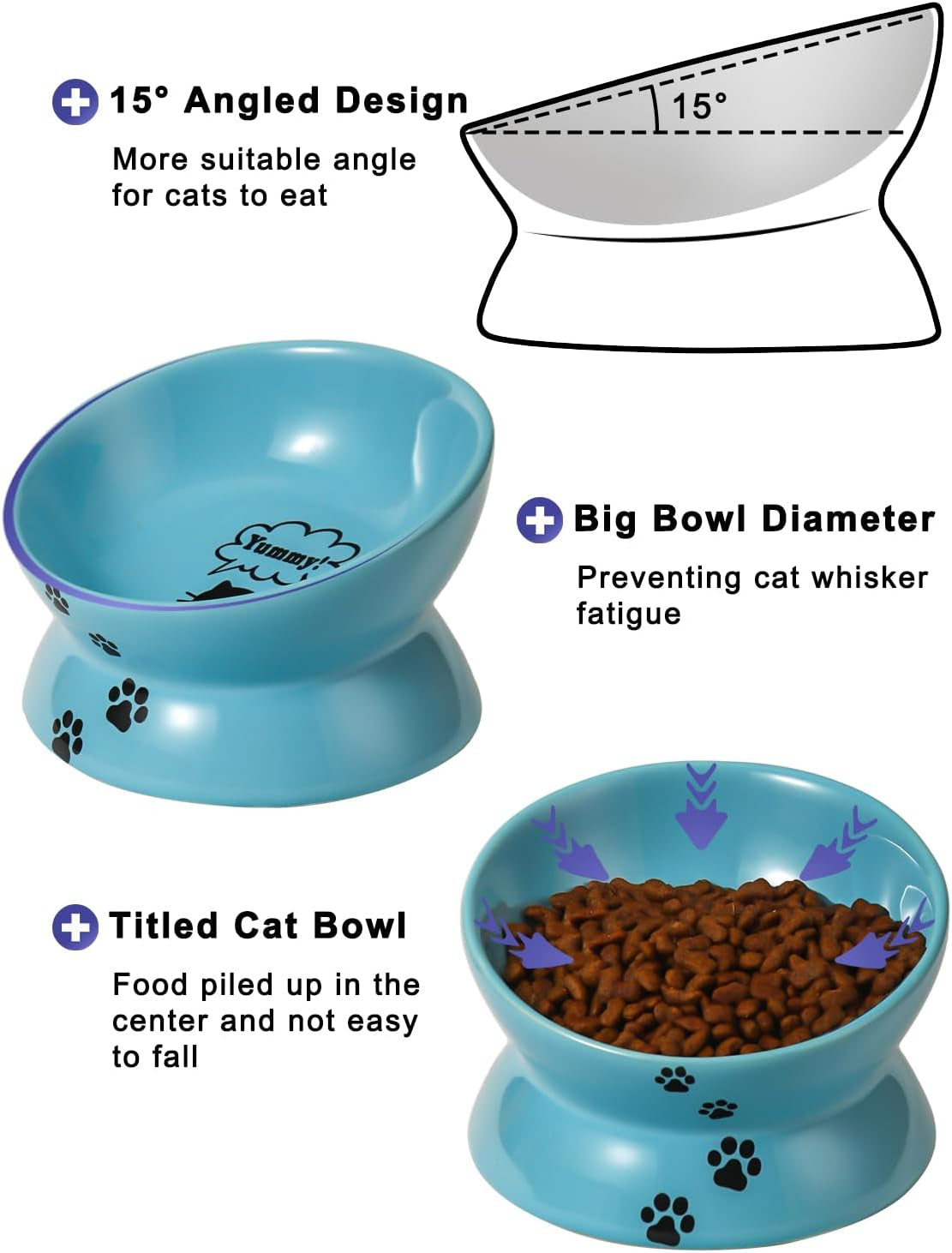 Elevated Cat Food Bowl, Ceramic Raised Cat Bowl, Tilt Angle Protect Cat&