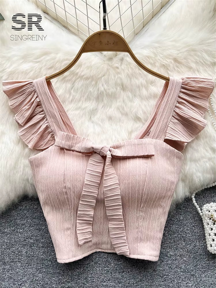 SINGREINY Summer Solid Ruffled Camis Women Square Neck Sleeveless Bow Elastic Waist Strap Top Ladies Sweet Korea Short Tank Top