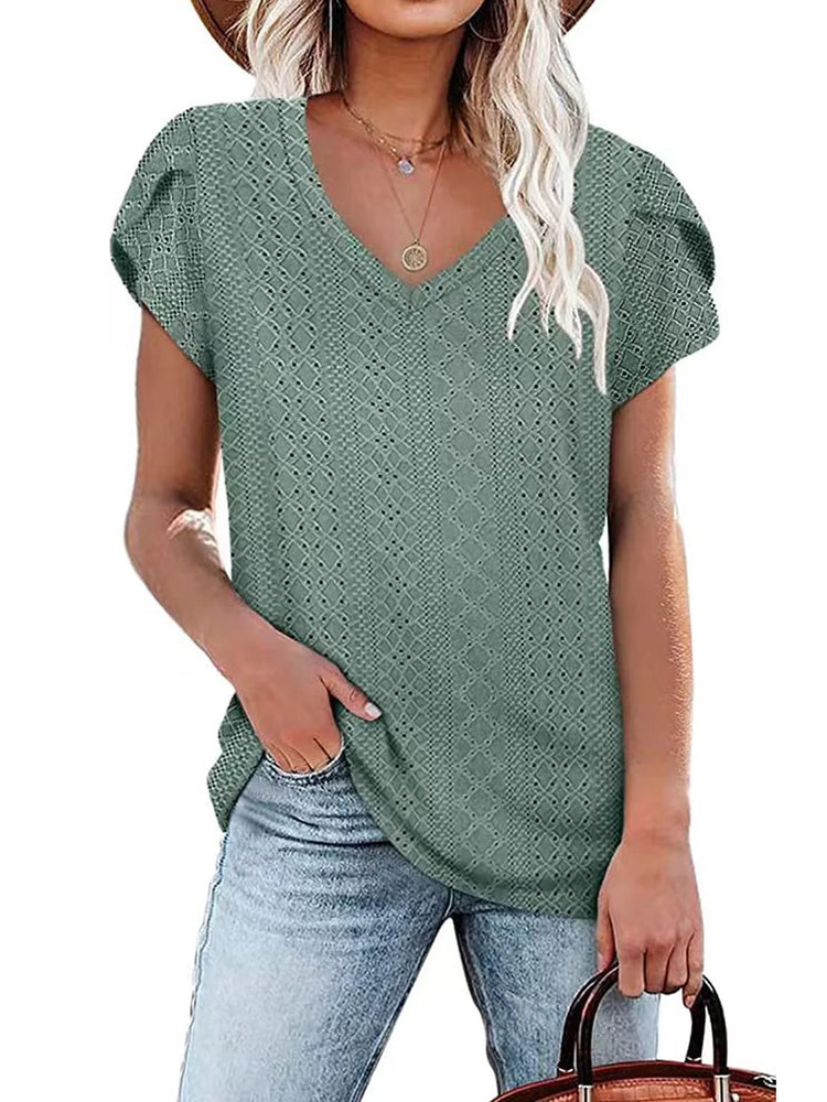 Women T-Shirts Summer Short Sleeve Tops Casual Ruffle Sleeve Tunic Tops Trendy V Neck Tops Loose Ladies Shirts Blouses Blue M