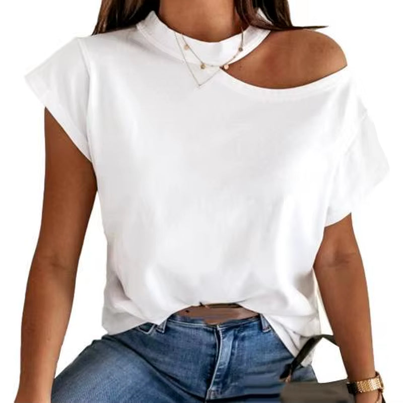 Hot Women Casual T-Shirt Short Sleeve One Shoulder Mock Neck Halter Loose Top Shoulder Mock Neck Halter Loose Tshirts Top