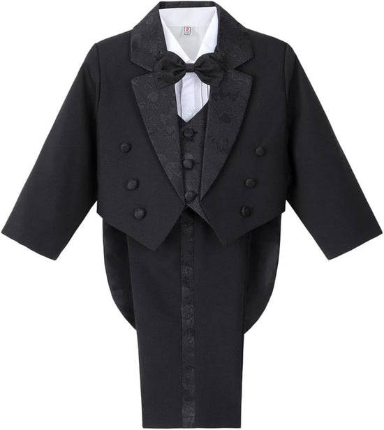 Boys Classic Fit Tuxedo Suit 5 Pieces Set Formal Wear Wedding Outfit with Vest, Black/White 011