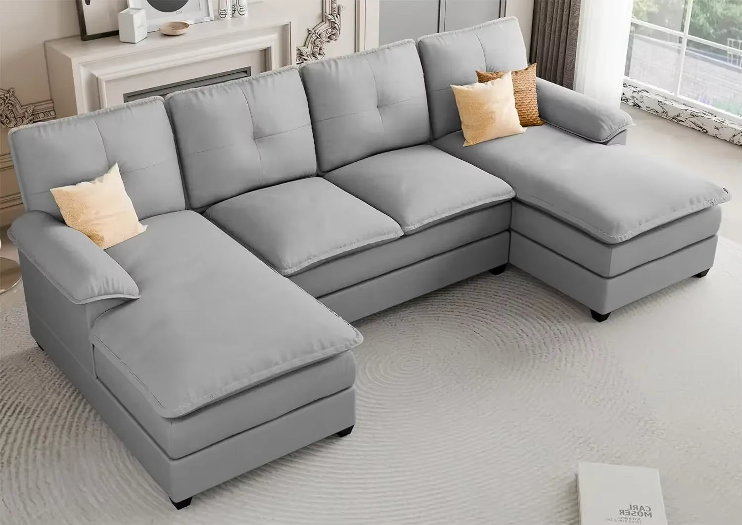 Sectional Couches for Living Room, U-Shaped Couch 4 Seat Sofa Set with Double Chaises, Modern Fabric Modular Sectional