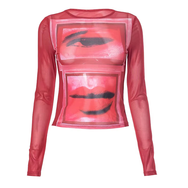 Goth Sexy Lace Mesh See through T-Shirts Aesthetic Graphic Long Sleeve Colorful Printed Crop Tops Women Summer Tees Streetwear