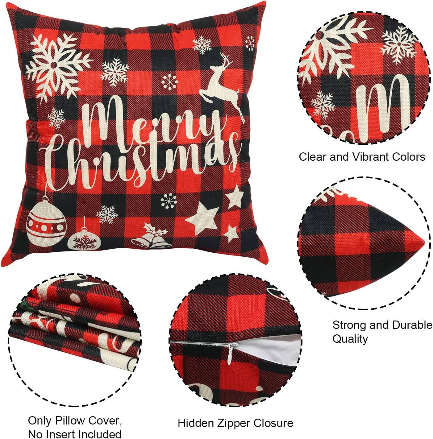 Christmas Pillow Covers 18X18 Set of 4 Christmas Pillows Decorative Throw Pillows Covers Farmhouse Red Buffalo Plaid Pillow Covers for Couch Sofa Christmas Decorations Holiday Pillow Cases