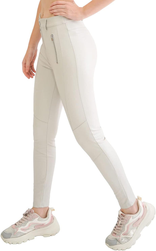 Faux Leather Pants for Women Stretch High Waisted Pleather Leggings with Zipper White